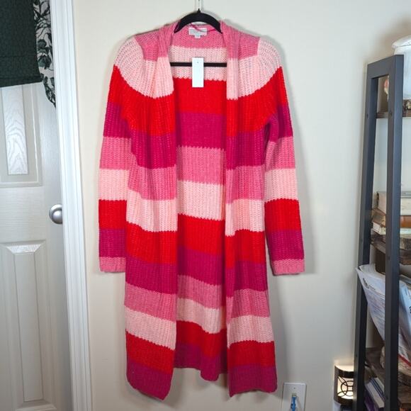NWT LOFT Long Colorblock Duster Cardigan Red Pink Stripe - Picture 1 of 9